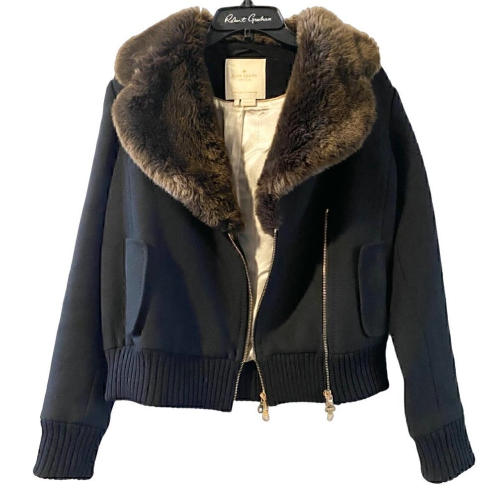 kate spade trina fur collar wool jacket 4 double zipper brown black $698